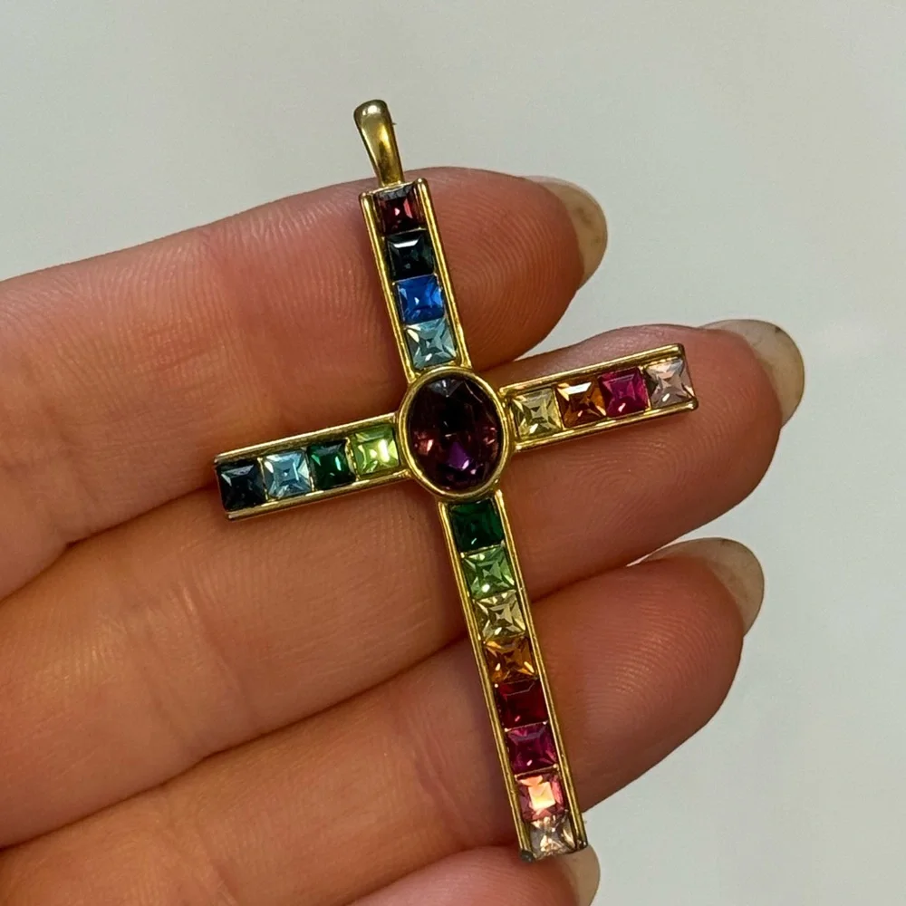 Multicolor Gemstone Gold Cross Pendant - Picture 7 of 7